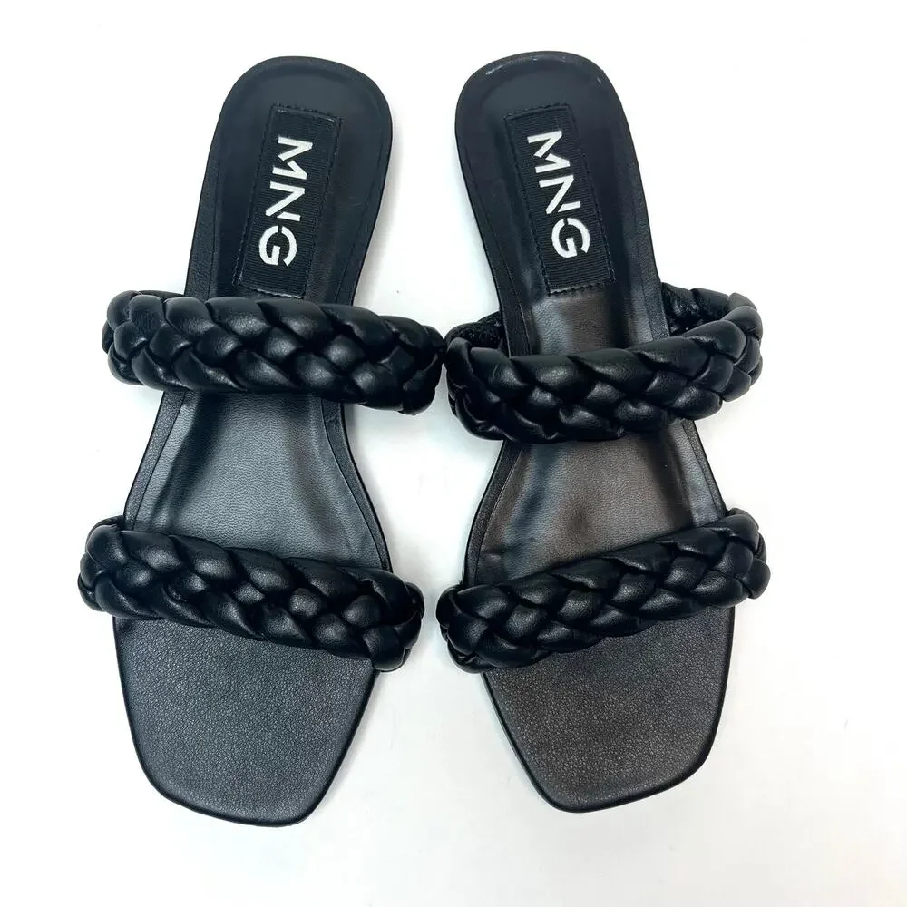 MNG Mango Double Braided Strap Slip-On Slide Sandals Black Size 6.5